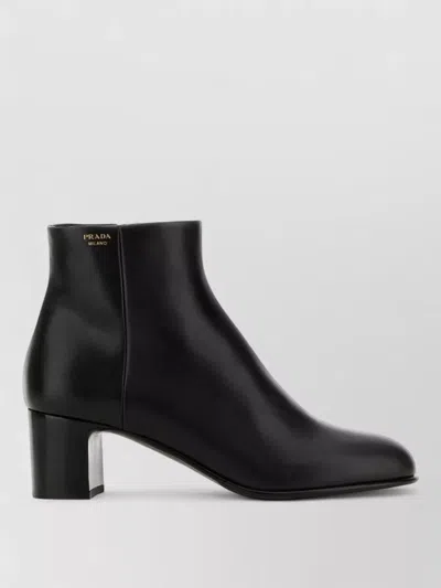 Prada Leather Ankle Boots Block Heel Design In Black