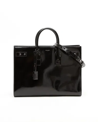 Saint Laurent Leather Handbag With Frontal Logo Print In Black