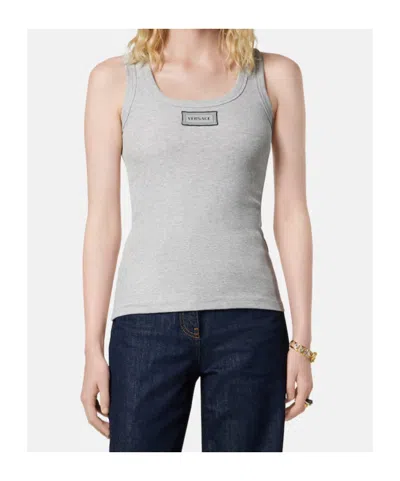 Versace Stretch Cotton Tank Top With Logo In Gray