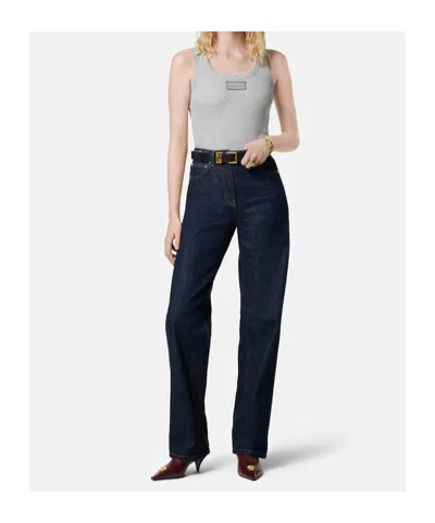 Versace Stretch Cotton Tank Top With Logo In Gray