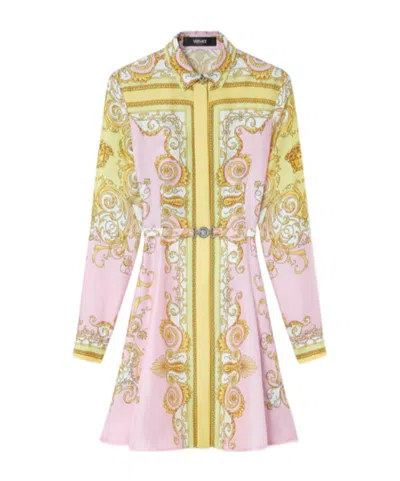 Versace Multicolor Long-sleeved Shirt With Pointed Collar And All-over Baroque Print In Silk For Women