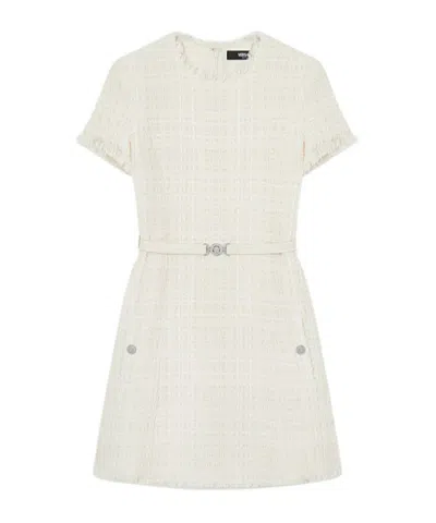 Versace Belted Metallic Cotton-blend Tweed Mini Dress In White