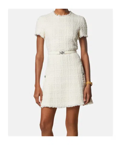 Versace Belted Metallic Cotton-blend Tweed Mini Dress In White