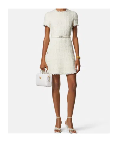 Versace Belted Metallic Cotton-blend Tweed Mini Dress In White