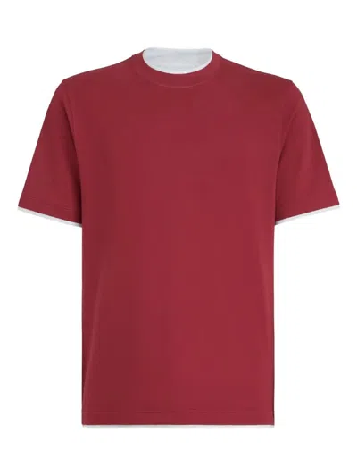 Brunello Cucinelli Coral Cotton Faux Layering T-shirt In Burgundy