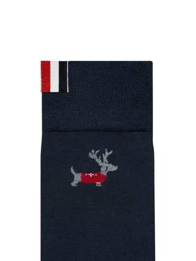 Thom Browne Reindeer-motif Logo-embroidered Socks In Blue