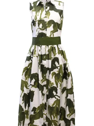 Sara Roka Zalla Horse-print Midi Dress In Green