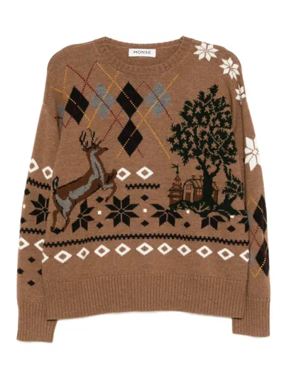 Monse Fair Isle Crew Neck Jumper In Brown