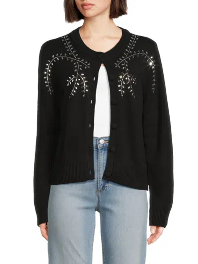 Bcbgeneration Women's Leaf-embellished Cotton-blend Cardigan Sweater In Black