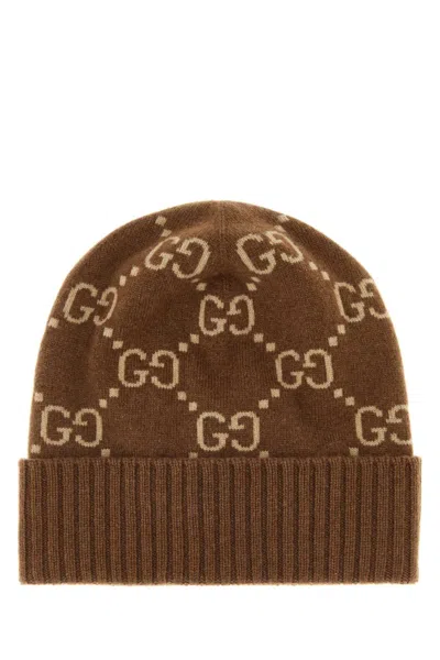 Gucci Women Embroidered Cashmere Beanie Hat In Brown