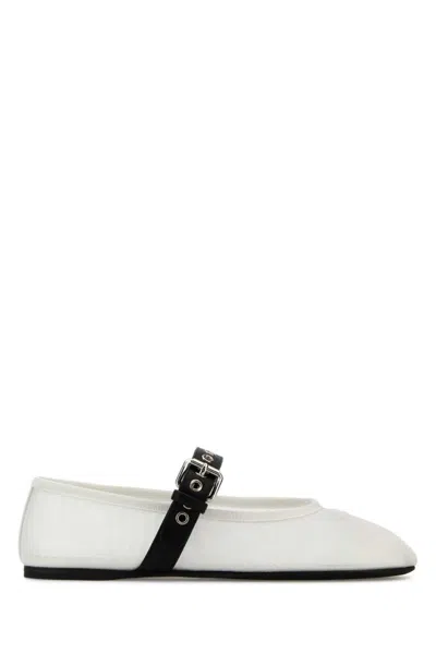 Miu Miu Mesh Ballerinas With Contrasting Leather Buckle In White