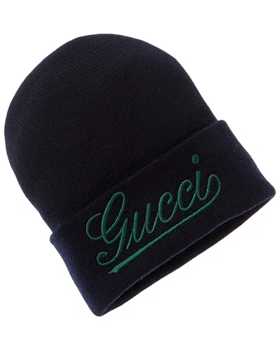 Gucci Dark Blue Wool Beanie Hat In Black