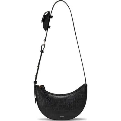 Oryany Rookie Crescent Croc Embossed Leather Crossbody Bag In Black