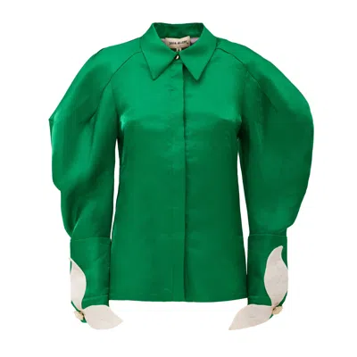 Julia Allert Women's Romantic Silk Organza Blouse With Balloon Sleeves – Green In Green