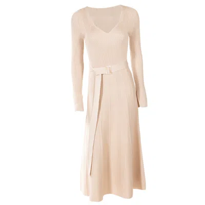 25 Union Women's Neutrals Knitted Belted V-neck Midi Dress Stephanie Cream In Neutral