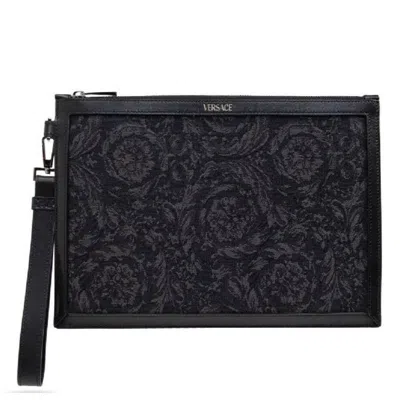 Versace Barocco Print Leather Pouch In Black