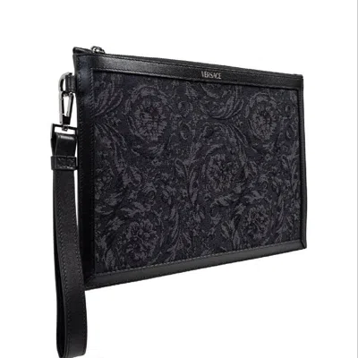 Versace Barocco Print Leather Pouch In Black
