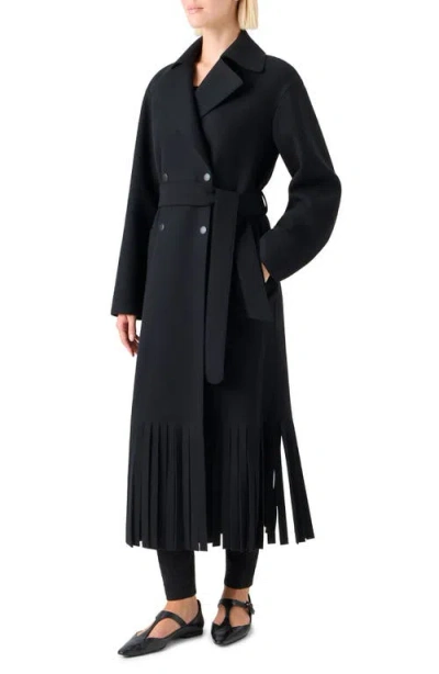 Akris Punto Fringe Hem Wool Blend Belted Coat In Black
