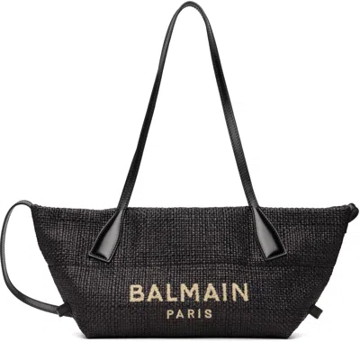 Balmain Women Calfskin And Raffia Track Shoulder Bag In Black
