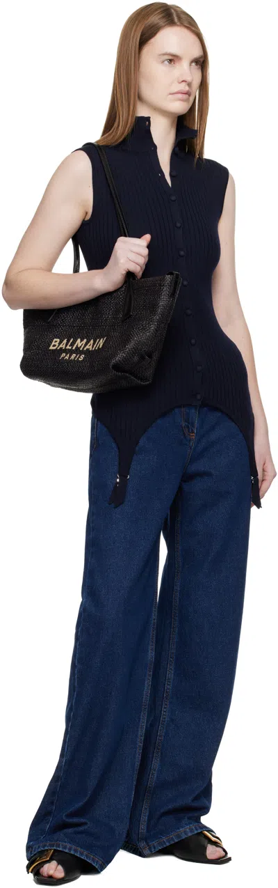 Balmain Women Calfskin And Raffia Track Shoulder Bag In Black