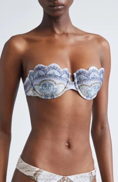 Zimmermann Wanderlust Strapless Embellished Paisley-print Bikini Top In Blue