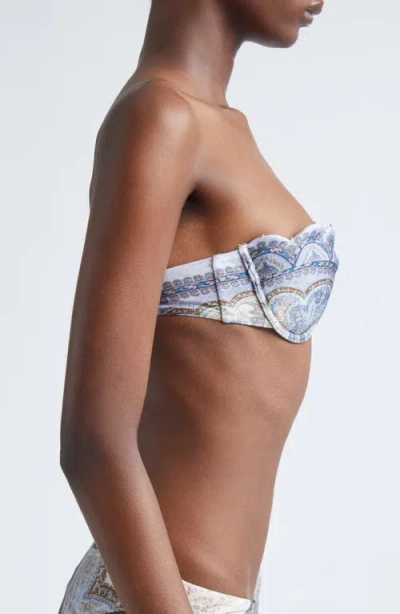 Zimmermann Wanderlust Strapless Embellished Paisley-print Bikini Top In Blue