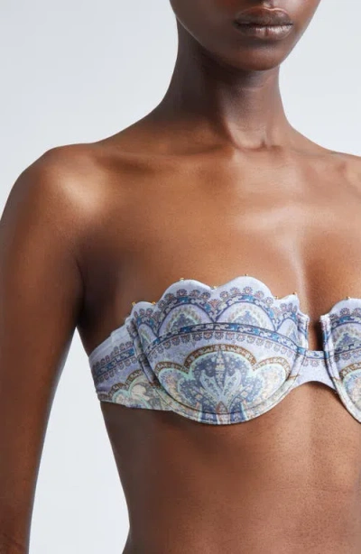 Zimmermann Wanderlust Strapless Embellished Paisley-print Bikini Top In Blue