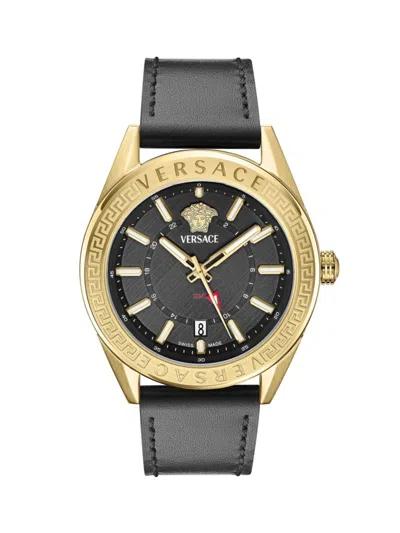 Versace V-code Gmt Leather Watch In Gray