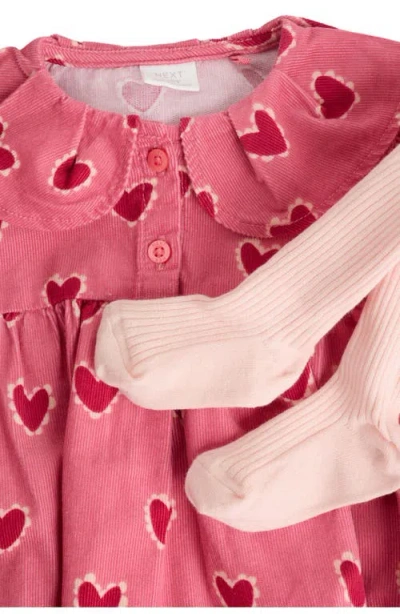 Next Heart Print Corduroy Bodysuit & Tights Set In Pink