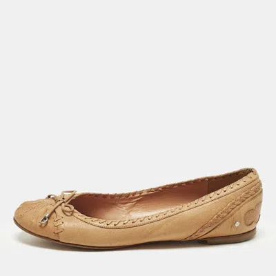 Pre-owned Dior Bow Size 38 Tan Leather Ballet Flats In Brown