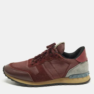 Pre-owned Valentino Garavani Rockrunner Size 44 Burgundy/grey Mesh And Suede Lace Up Sneakers