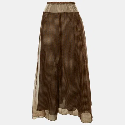 Pre-owned Fendi Brown Check Print Silk Mesh Trim Sheer Maxi Skirt M