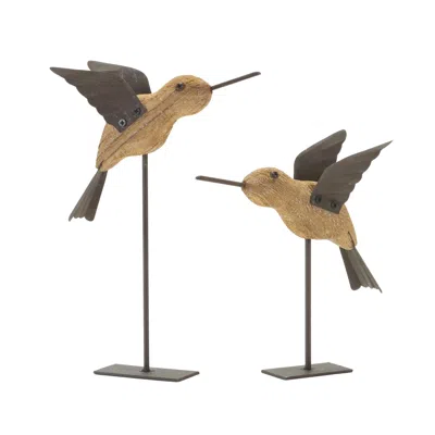 Melrose International Natural Fir Wood Bird Figurine With Rustic Metal Accents (set Of 2) - Brown, Black In Multi