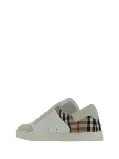 Burberry Check Motif Leather Sneakers In White