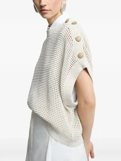 Brunello Cucinelli Buttoned Open-knit Top In Neutral