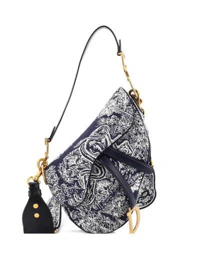 Pre-owned Dior Toile De Jouy Saddle Bag Embroidered Canvas Medium Shoulder Bag In Blue