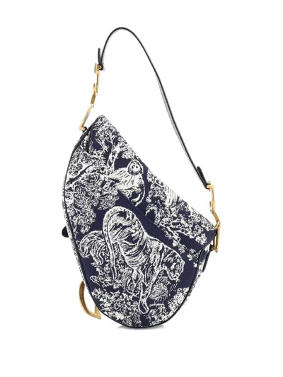 Pre-owned Dior Toile De Jouy Saddle Bag Embroidered Canvas Medium Shoulder Bag In Blue