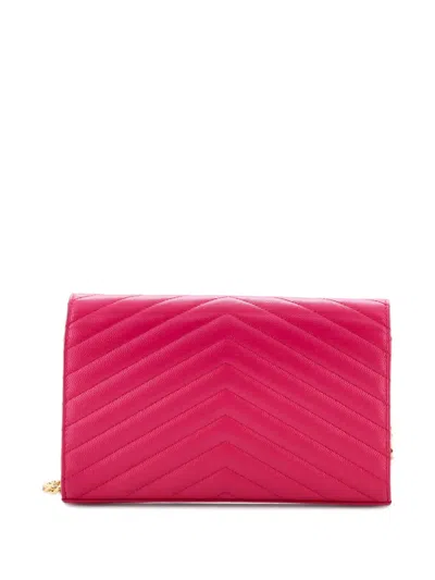 Pre-owned Saint Laurent Classic Monogram Wallet On Chain Matelasse Chevron Leather Medium Crossbody Bag In Pink