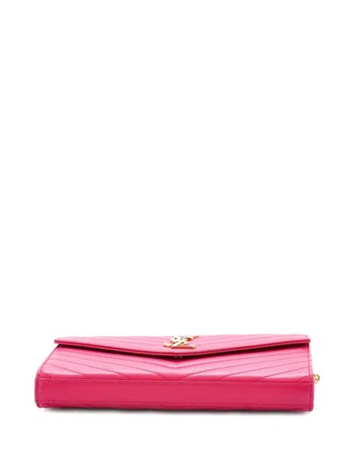 Pre-owned Saint Laurent Classic Monogram Wallet On Chain Matelasse Chevron Leather Medium Crossbody Bag In Pink