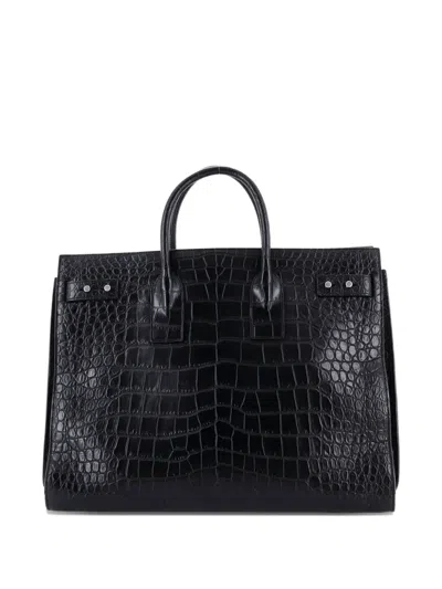 Pre-owned Saint Laurent Sac De Jour Souple Bag Crocodile Embossed Leather Large Tote Bag In Black