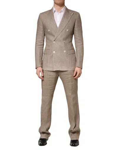 Pre-owned Dolce & Gabbana Beige Linen Double Breasted 2 Piece Men Men's Suit () In Sand