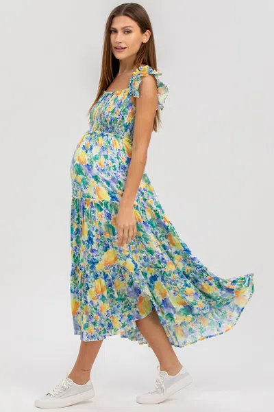 Pietro Brunelli Maternity Floral Smocked Off The Shoulder Maternity Dress In Green