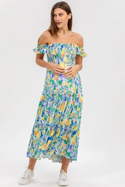 Pietro Brunelli Maternity Floral Smocked Off The Shoulder Maternity Dress In Green