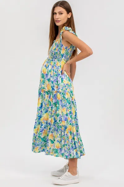 Pietro Brunelli Maternity Floral Smocked Off The Shoulder Maternity Dress In Green