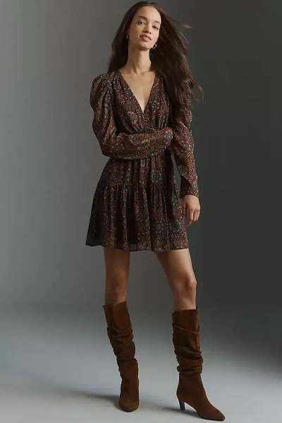Paige Aries Printed Long-sleeve Silk Mini Dress In Brown