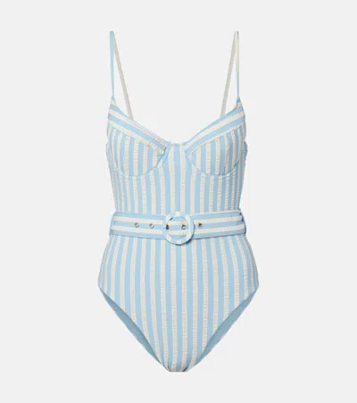 Simkhai Noa Belted Striped Swimsuit In Blue