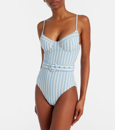 Simkhai Noa Belted Striped Swimsuit In Blue