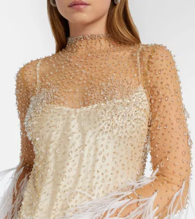 Clio Peppiatt Mia Embellished Feather-trimmed Tulle Gown In Neutral