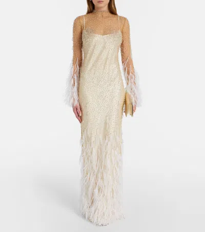 Clio Peppiatt Mia Embellished Feather-trimmed Tulle Gown In Neutral