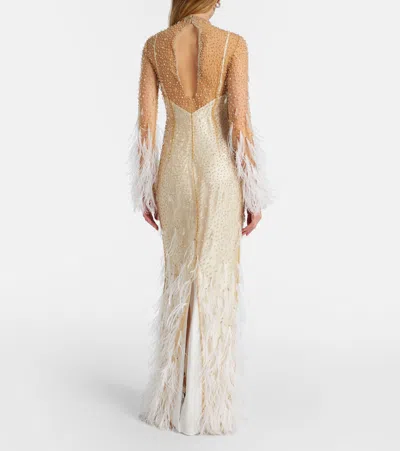 Clio Peppiatt Mia Embellished Feather-trimmed Tulle Gown In Neutral